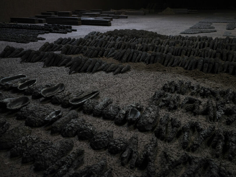 Black ceramics in shape of seed pods on bed of dark soil