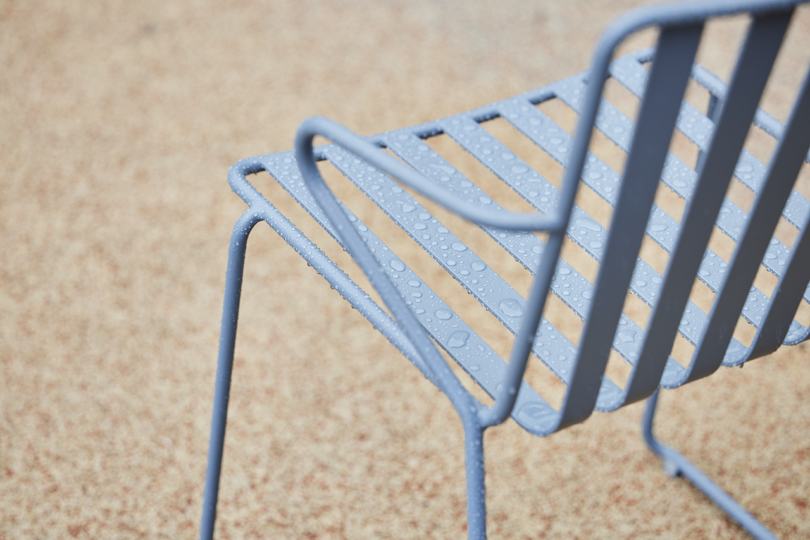 powder blue slatted metal outdoor chair