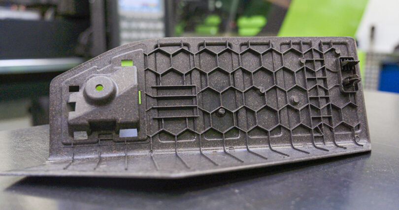 Close up footrest made from olive fiber biocomposite 