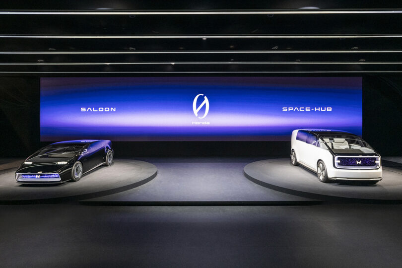 Honda's new 0 EV Series being unveiled on stage at CES 2024, with large wide screen showcasing the new Zero Series logo.