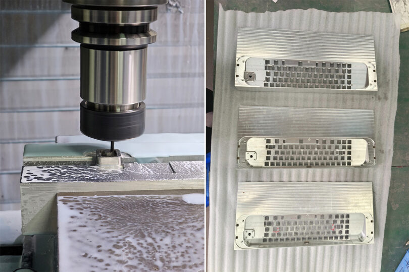 Two behind the scenes photos of the manufacturing process of the IceBreaker keyboard. On the left, a drill creating micro-perforations into a keycap, on the right two silicone dampeners for improved acoustic signature.