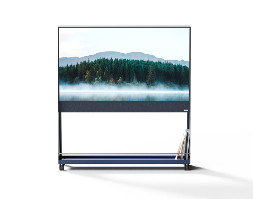 Front view of Kustem Trolley OLED HDTV with forest and lake picture on the display