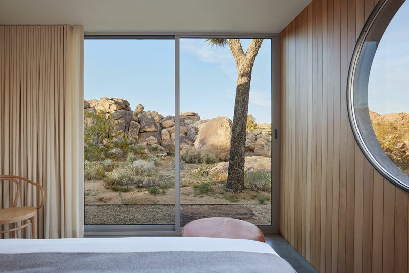 partial position of modern chamber looking retired sliding solid doors to desert