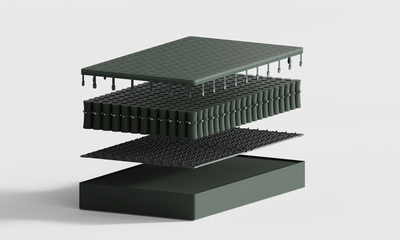 Exploded view of the MAZZU modular mattress systems four layers of coils and supports.