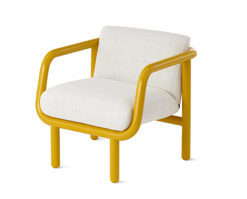 Percy lounge chair in off-white upholstery and bright yellow tube frame.