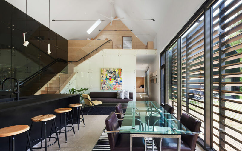 A modern, unfastened scheme surviving abstraction and room pinch stairs to a loft.
