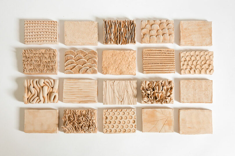 20 arranged clay blocks pinch different textured surfaces