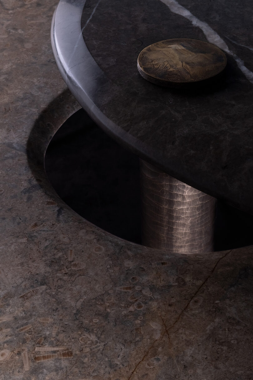 detail of metallic and marble table