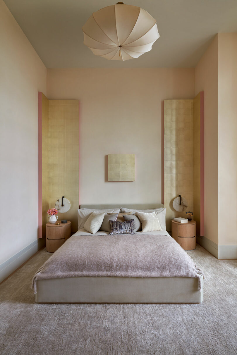 modern bedroom with pastel color scheme featuring pale lavender bedding