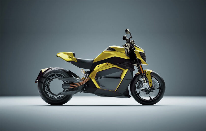 Verge TS Ultra electric motorcycle in yellow painted exterior.