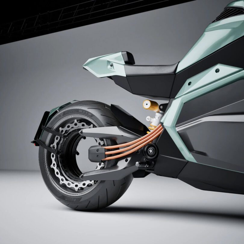 Detail rear view of Verge TS Ultra electric motorcycle's hub-less rear wheel design.