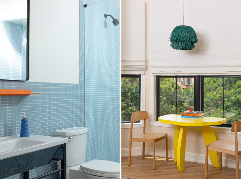 Side by side interior phptps of a YOWIE hotel room's blue tiled bathroom and small window-side seating space with two wood chairs and bright yellow table.