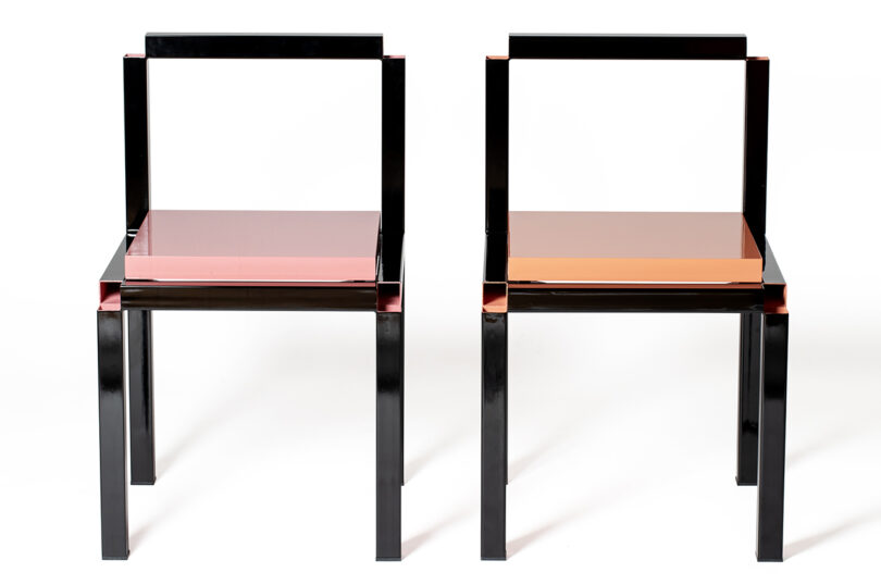 zero-thickness achromatic framed chairs pinch pinkish and peach seats connected achromatic background