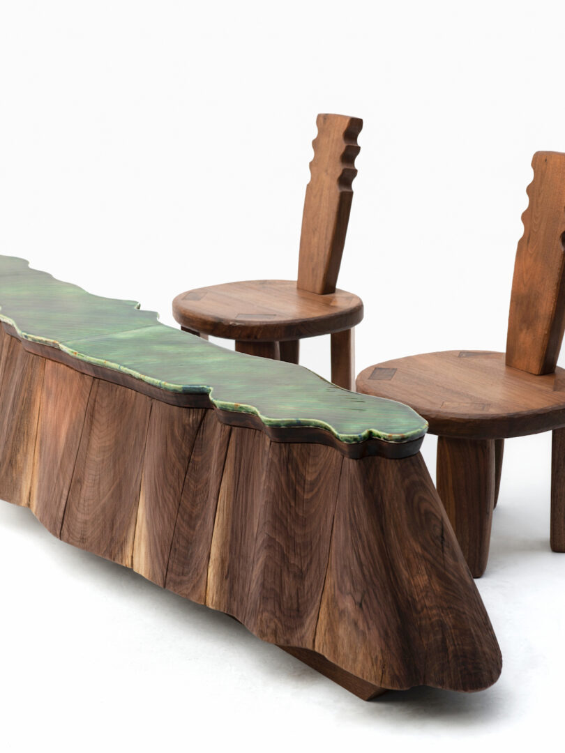 green sculptural array pinch 2 wood chairs