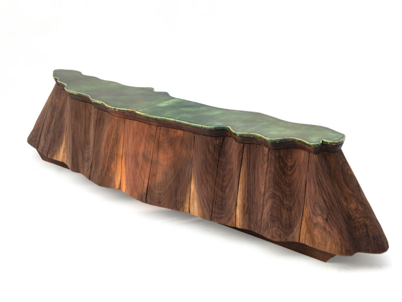 green ceramic and wood land table
