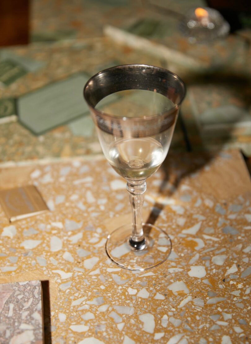 wine glass on tile samples
