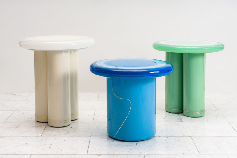 white blue and green side tables