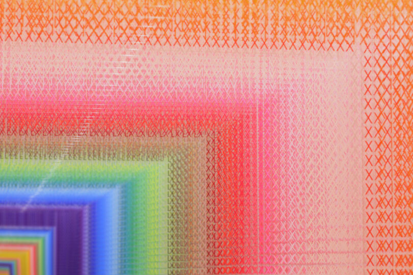 close up specifications of a colorful installation made of acrylic transparent sheets