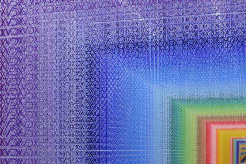 close up specifications of a colorful installation made of acrylic transparent sheets