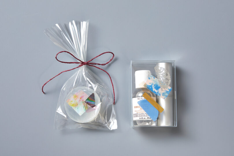 two gift-wrapped items pinch stickers connected them