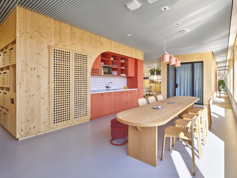 red kitchenette area of office