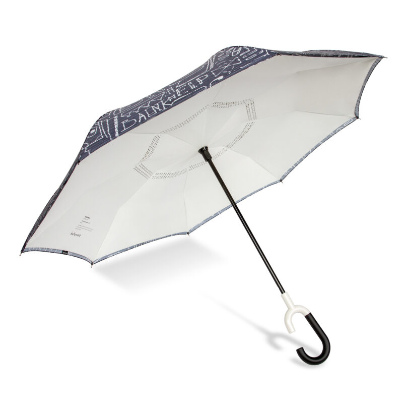 umbrella with white lining and graphic canopy