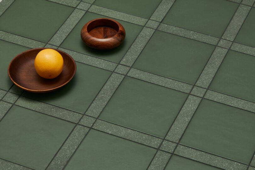 bowl and plate on green tiles