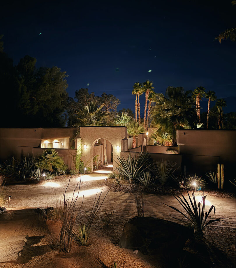 Nighttime exterior shot of Villa Suites at the Two Bunch Palms resort.