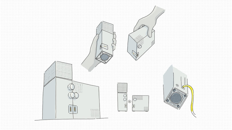loose digital illustrations of two piece audio speaker system shaped after a brutalist architecture church's tower and base, showing scale in hand and component details.
