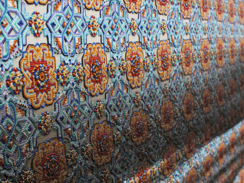 Angled view of rug painting with texture