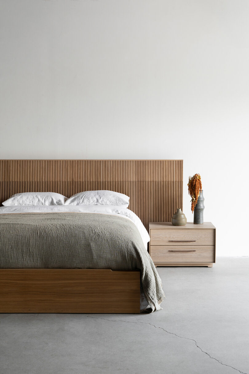 modern wood bed and nightstand