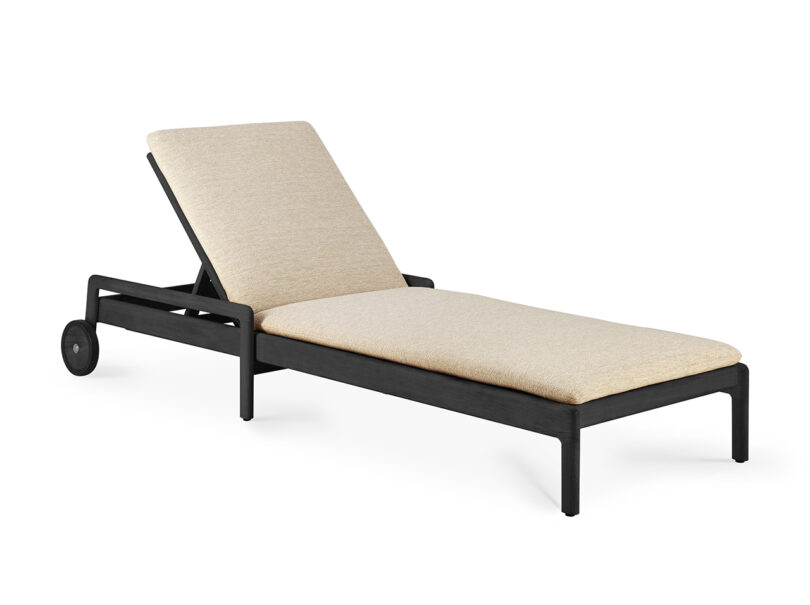 black teak outdoor lounger with cushions