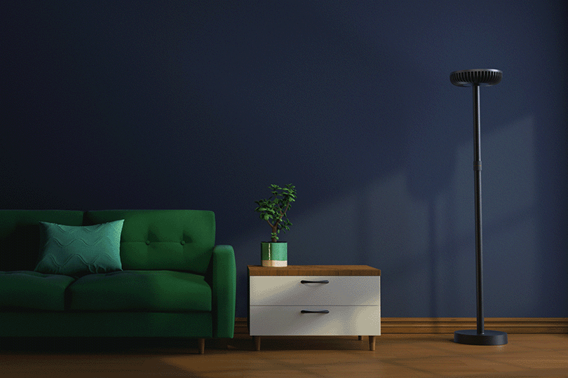 Animation of the brightness levels of Brighter floor lamp in simulated living room space.