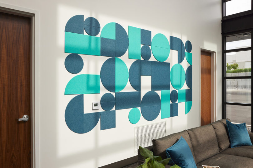 turquoise and blue colored felt acoustic wall tiles