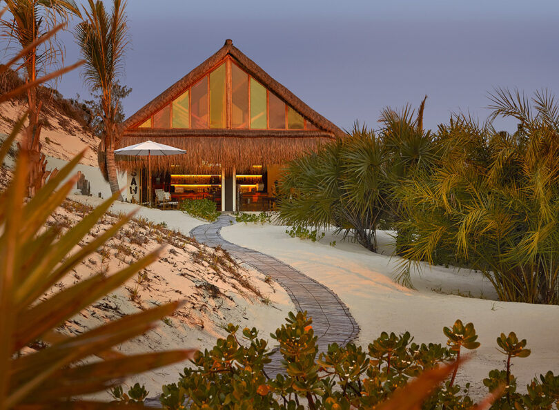 Restaurante com cobertura inclinada e caminho sinuoso pelas dunas que levam até sua entrada cercada por palmeiras.