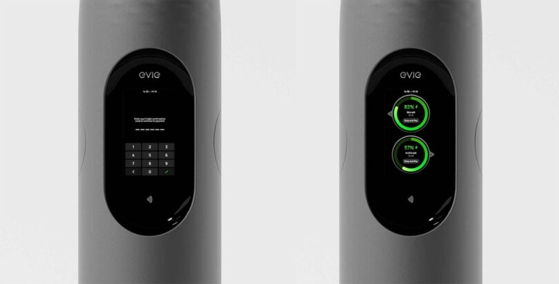 Two EVIE Mini charging station screens, one on left showing payment screen interface, the second on the right showing charging status in the form of two green rings.
