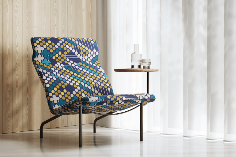 modern chair upholstered in patterned fabric