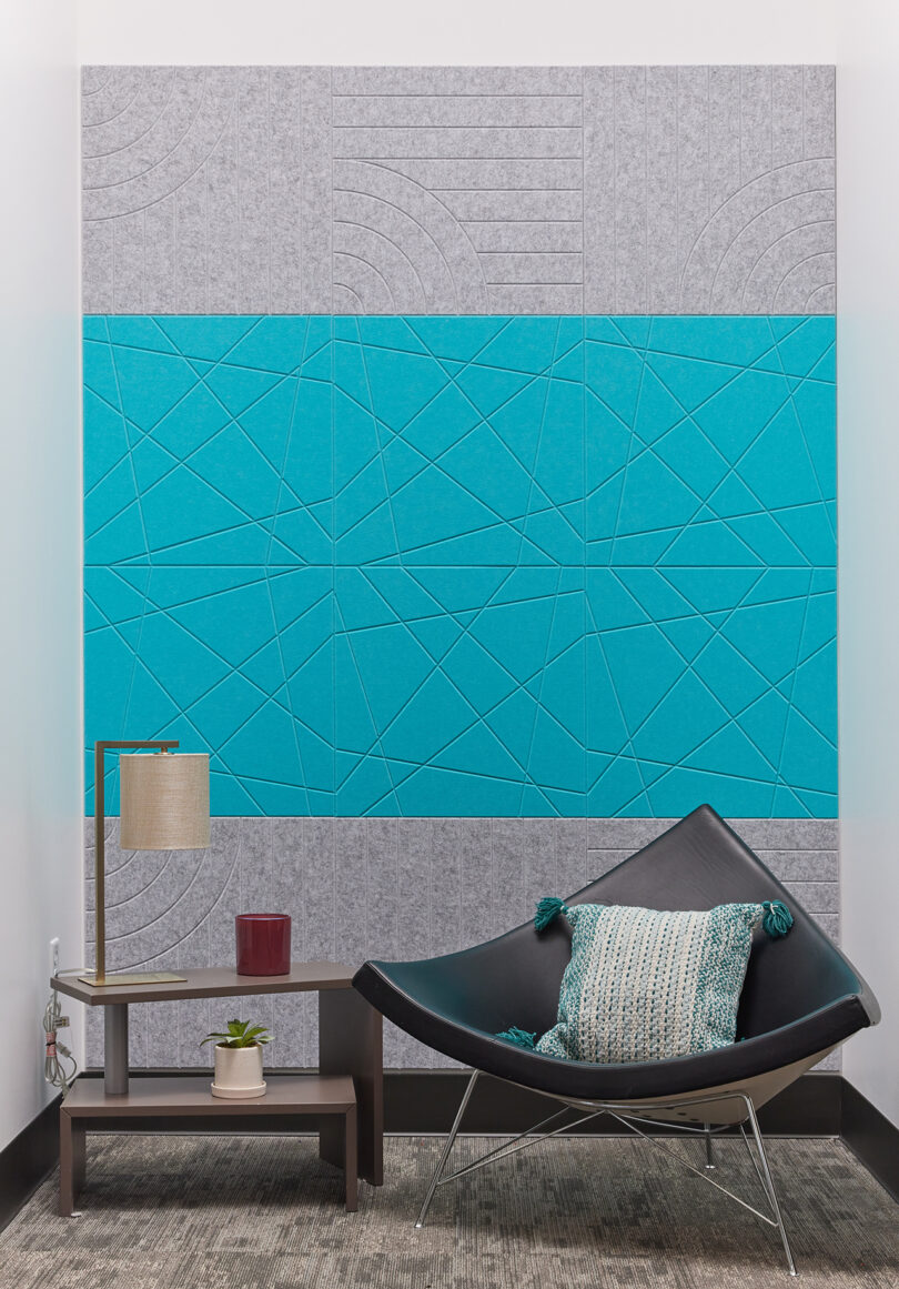 light grey and turquoise acoustic wall tiles