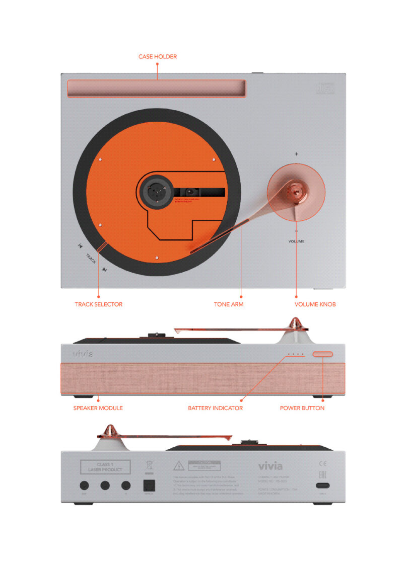 Graphic showing the Vivia turntable for compact discs from the top, side and back, with labels denoting its tactile controls and features.