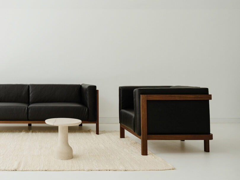 modern black leather sofa and armchair