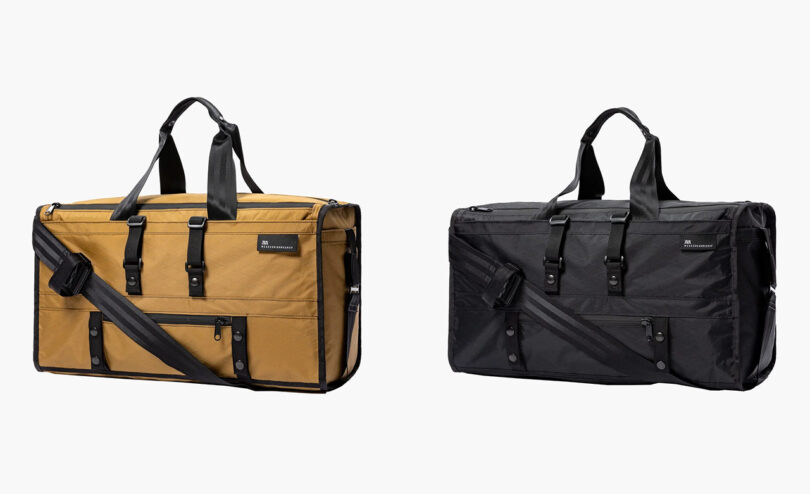 Side by side images of the Mission Workshop Mass Transit duffel in Coyote (a tan/orange colorway) and Black color options silhouetted against white background.