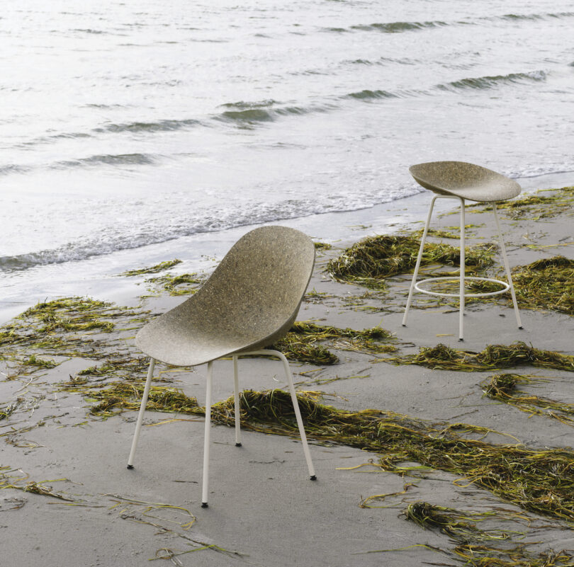 two chairs on the beach next to seaweed