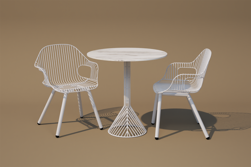 white wire frame outdoor armchair and cafe table