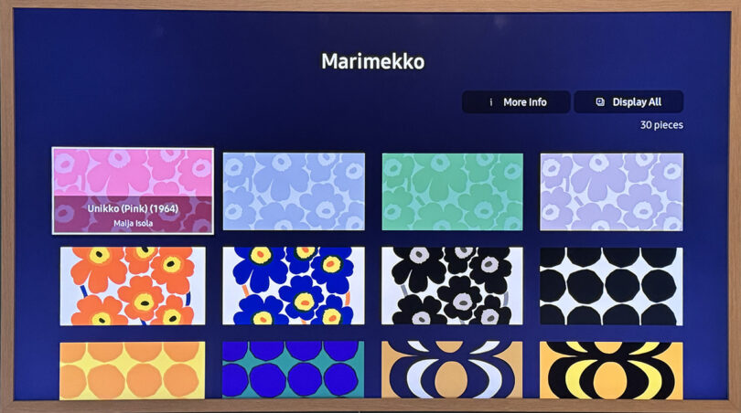 Samsung Art Store's Marimekko option screen shown on The Frame HDTV with 12 of 30 designs visible.