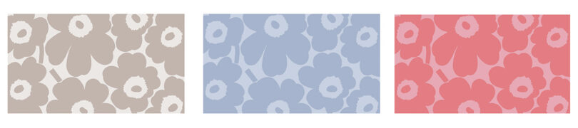 Three Marimekko floral patterns in grey, blue, and red.