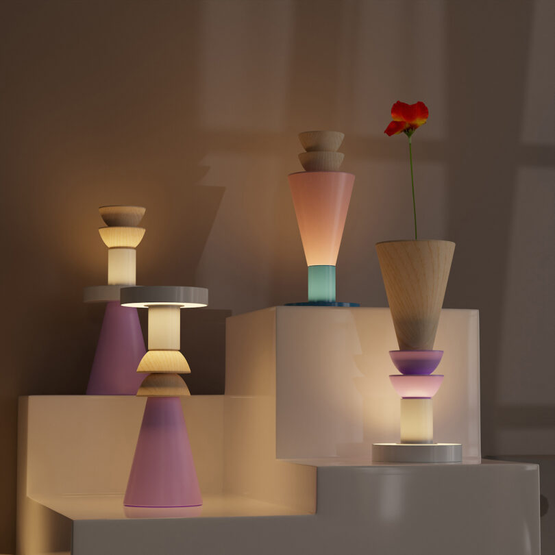 four table lamps on pedestals