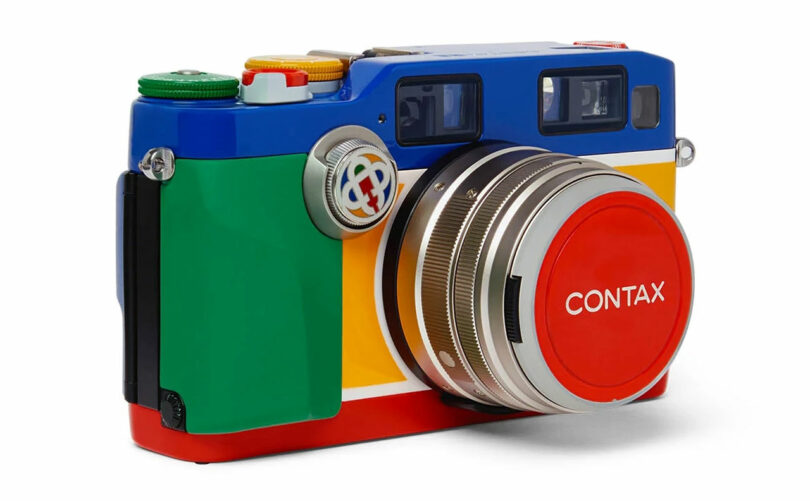 angled closeup view of a colorful Contax camera