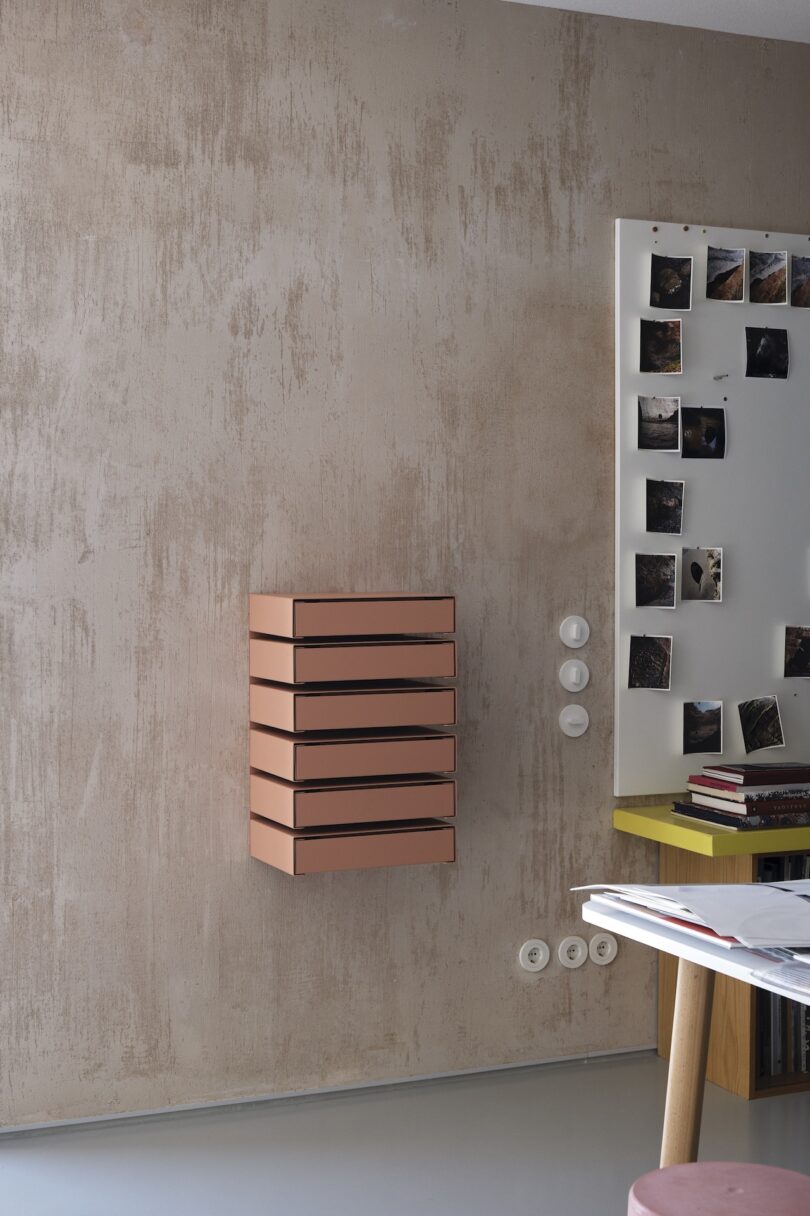 peach colored wall mounted drawers