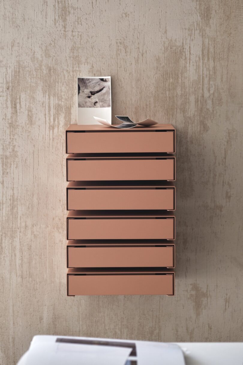 peach colored wall mounted drawers