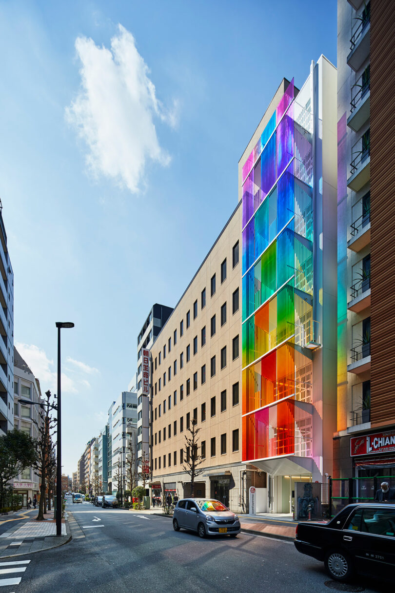 side exterior view of rainbow fronted office building